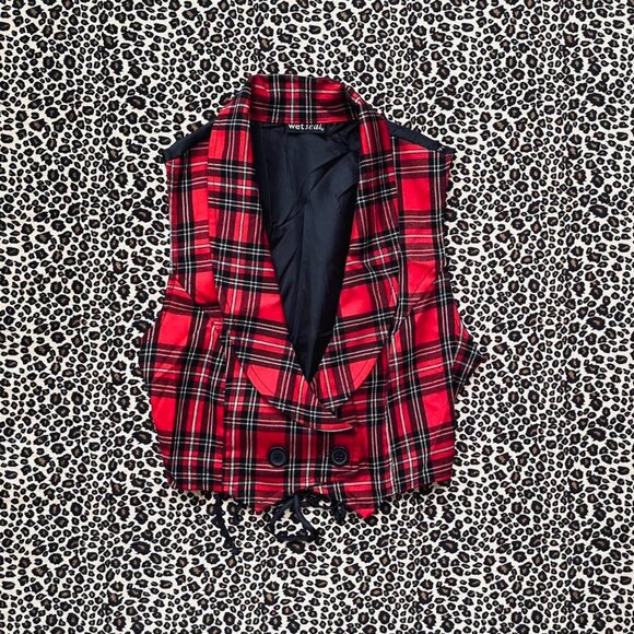 Wet Seal Jackets & Blazers - vintage plaid lace-up crop vest